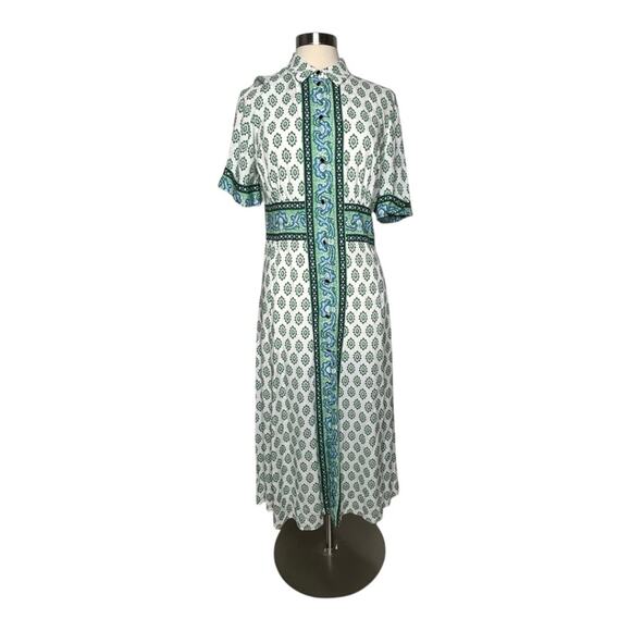 Sandro Naim Gathered Printed Woven Midi Shirt Dress Green Blue White SZ 40 US 8 - Picture 3 of 16